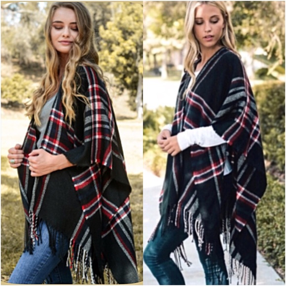 Gorgeous Cozy Chic Plaid Sweater Kimono Wrap O/S - Picture 2 of 7